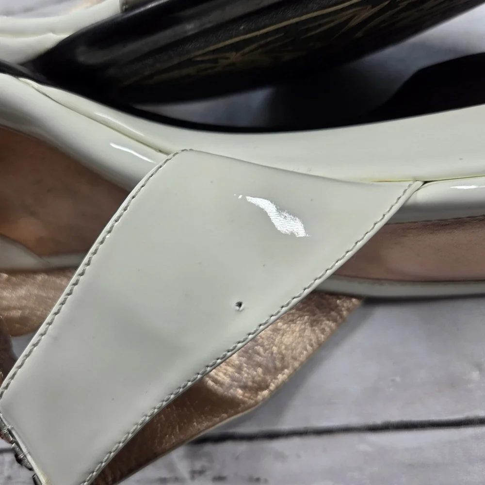 Sofft Crystal Embellished Patent Leather Wedge Sandal Women 9W Cream Jewel Slide